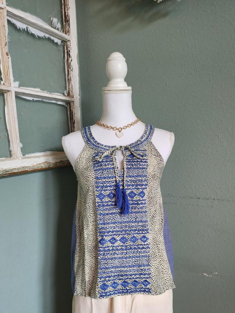 Women's Cream, Blue, and Black Blouse THML XS